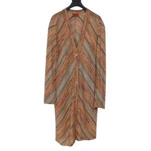 Missoni Long Cardigan 42 Tan Orange Green Black Striped Metallic Knit